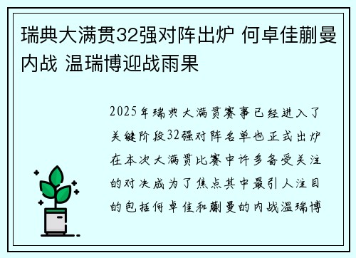 瑞典大满贯32强对阵出炉 何卓佳蒯曼内战 温瑞博迎战雨果