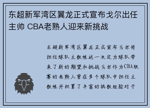 东超新军湾区翼龙正式宣布戈尔出任主帅 CBA老熟人迎来新挑战